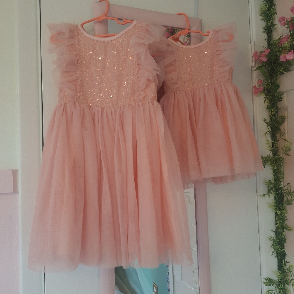 Pink Tulle Matching Dresses with Sequins